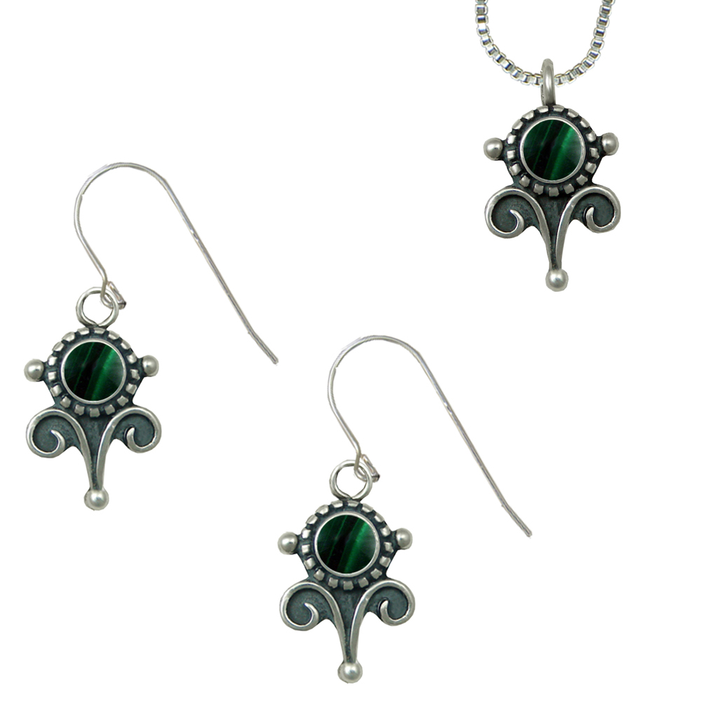Sterling Silver Necklace Earrings Set Malachite